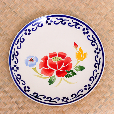 Multicolored Handcrafted Ceramic Plate, 'Poppy Garden in Blue'