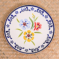Ceramic luncheon plate, 'Primrose Path in Blue' - Artisan Crafted Floral Ceramic Plate