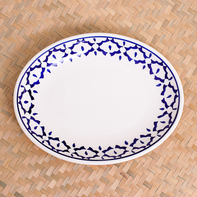 Ceramic plate, 'Blue Pineapple' - Oval Ceramic Plate from Thailand