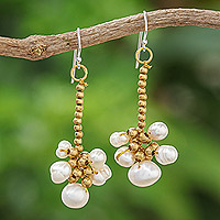 Cultured pearl beaded dangle earrings, 'Pearly Meeting' - Thai Cultured Pearl and Brass Beaded Dangle Earrings