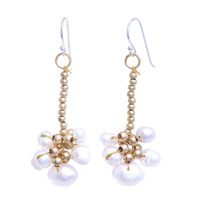 Thai Cultured Pearl and Brass Beaded Dangle Earrings