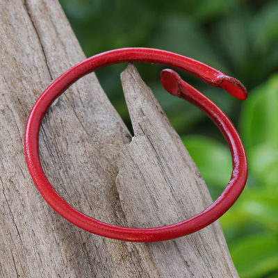 Leather cuff bracelet, 'Young Bud in Red' - Unisex Red Dyed Leather Cuff Bracelet Handmade in Thailand