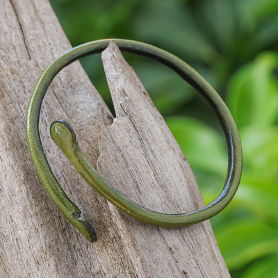 Leather cuff bracelet, 'Young Bud in Olive' - Unisex Green Dyed Leather Cuff Bracelet Handmade in Thailand