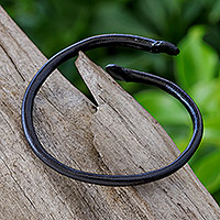 Leather cuff bracelet, 'Young Bud in Black' - Unisex Black Dyed Leather Cuff Bracelet Handmade in Thailand