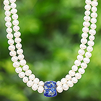 Cultured pearl and lapis lazuli beaded pendant necklace, 'Lapis Lazuli Aura' - Thai Cultured Pearl and Lapis Lazuli Beaded Pendant Necklace