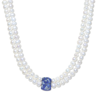 Cultured pearl and lapis lazuli beaded pendant necklace, 'Lapis Lazuli Aura' - Thai Cultured Pearl and Lapis Lazuli Beaded Pendant Necklace