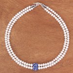 Cultured pearl and lapis lazuli beaded pendant necklace, 'Lapis Lazuli Aura' - Thai Cultured Pearl and Lapis Lazuli Beaded Pendant Necklace