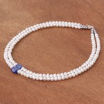 Cultured pearl and lapis lazuli beaded pendant necklace, 'Lapis Lazuli Aura' - Thai Cultured Pearl and Lapis Lazuli Beaded Pendant Necklace