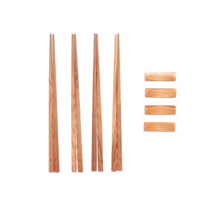 Teak wood chopsticks set, 'Wave Plain' (set of 4) - Handmade Thai Teak Wood Chopstick Set of 4 with Rests
