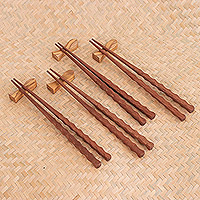 Teak wood chopsticks set, 'Tasty Meal' (set for 4) - 4 Pairs of Teak Wood Chopsticks with Rests from Thailand