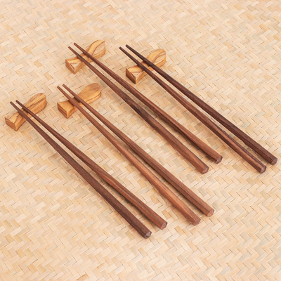 Wood chopsticks, 'Little Fish Dinner' (set of 4) - Set of 4 Teak Wood Chopsticks with Fish-Shaped Rests