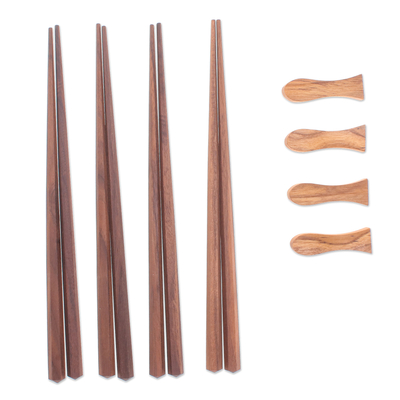 Wood chopsticks, 'Little Fish Dinner' (set of 4) - Set of 4 Teak Wood Chopsticks with Fish-Shaped Rests