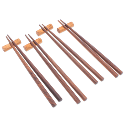 Wood chopsticks, 'Classic Meal' (set of 4) - Set of 4 Teak Wood Chopsticks with Round Rests