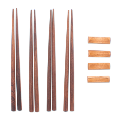 Wood chopsticks, 'Classic Meal' (set of 4) - Set of 4 Teak Wood Chopsticks with Round Rests