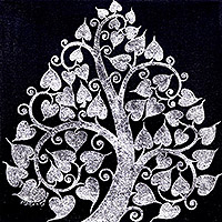 'Shimmering Silver Bodhi' - Thai Folk Art Bodhi Tree Painting with Silvery Foil