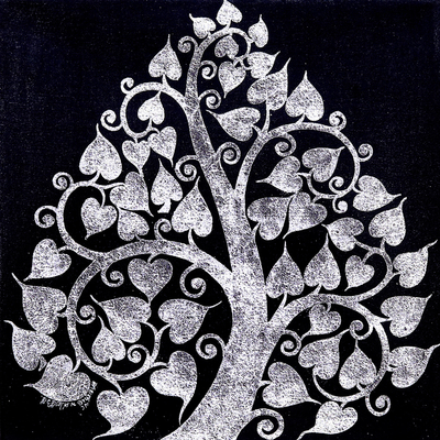 'Shimmering Silver Bodhi' - Thai Folk Art Bodhi Tree Painting with Silvery Foil