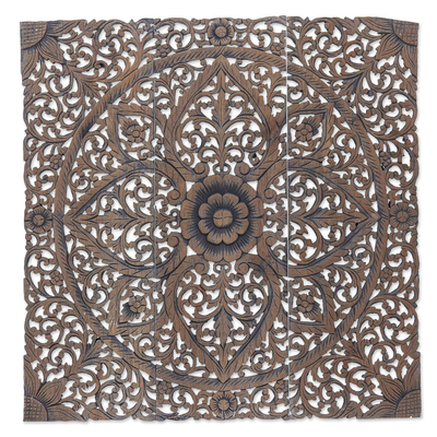Reclaimed teak wood relief panels, 'Flora Charm' (set of 3) - 3 Reclaimed Teak Wood Relief Panels Hand-carved in Thailand