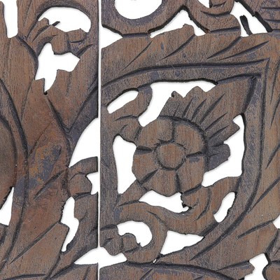 Reclaimed teak wood relief panels, 'Flora Charm' (set of 3) - 3 Reclaimed Teak Wood Relief Panels Hand-carved in Thailand