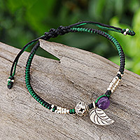 Amethyst beaded charm bracelet, 'Violet Fruit' - Hand-braided Amethyst and Fine Silver Beaded Charm Bracelet