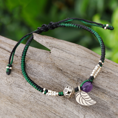 Amethyst beaded charm bracelet, 'Violet Fruit' - Hand-braided Amethyst and Fine Silver Beaded Charm Bracelet
