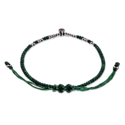Silver pendant macrame bracelet, 'Petite Flower in Green' - Thai Silver Pendant Beaded Macrame Bracelet in Green