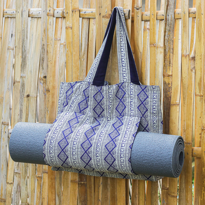 Midnight Cotton Yoga Mat Bag with Geometric Pattern, 'Midnight Peace