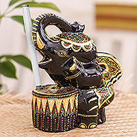 Lacquered wood pen holder, 'Tender Companion' - Handcrafted Lacquerware Wood Pencil Holder with Elephant
