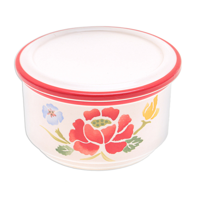 Decorative ceramic box, 'Poppy Garden in Red' - Hand-Painted Round Ceramic Box