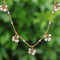 Cultured pearl beaded necklace, 'Pearly Meeting' - Thai Cultured Pearl and Brass Beaded Necklace