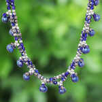 Cultured pearl beaded necklace, 'Wonderful Blue' - Blue Cultured Pearl Beaded Necklace with Silver Accents