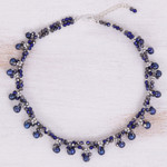 Cultured pearl beaded necklace, 'Wonderful Blue' - Blue Cultured Pearl Beaded Necklace with Silver Accents