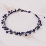 Cultured pearl beaded necklace, 'Wonderful Blue' - Blue Cultured Pearl Beaded Necklace with Silver Accents