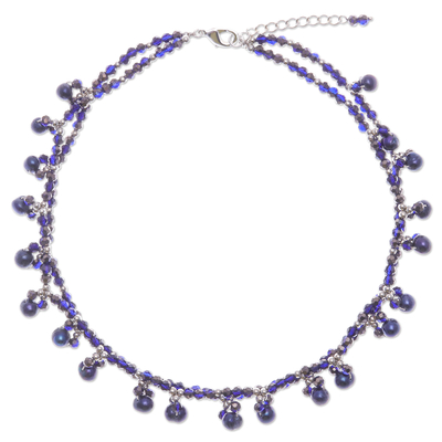 Cultured pearl beaded necklace, 'Wonderful Blue' - Blue Cultured Pearl Beaded Necklace with Silver Accents