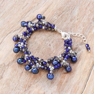 Cultured pearl beaded bracelet, 'Wonderful Blue' - Blue Cultured Pearl Beaded Bracelet with Silver Accents