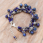 Cultured pearl beaded bracelet, 'Wonderful Blue' - Blue Cultured Pearl Beaded Bracelet with Silver Accents