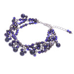 Cultured pearl beaded bracelet, 'Wonderful Blue' - Blue Cultured Pearl Beaded Bracelet with Silver Accents