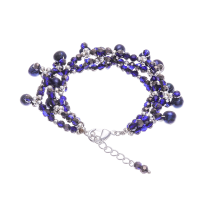 Pulsera con cuentas de perlas cultivadas - Brazalete con cuentas de perlas cultivadas azules con detalles plateados