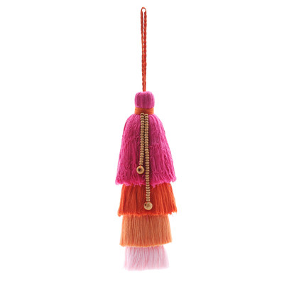 Cotton ornament, 'Happy Azalea Home' - Cotton and Acrylic Azalea Ornament with Raintree Wood Beads