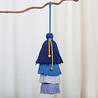 Cotton ornament, 'Happy Aqua Home' - Cotton and Acrylic Aqua Ornament with Raintree Wood Beads