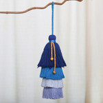 Cotton ornament, 'Happy Aqua Home' - Cotton and Acrylic Aqua Ornament with Raintree Wood Beads