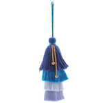 Cotton ornament, 'Happy Aqua Home' - Cotton and Acrylic Aqua Ornament with Raintree Wood Beads