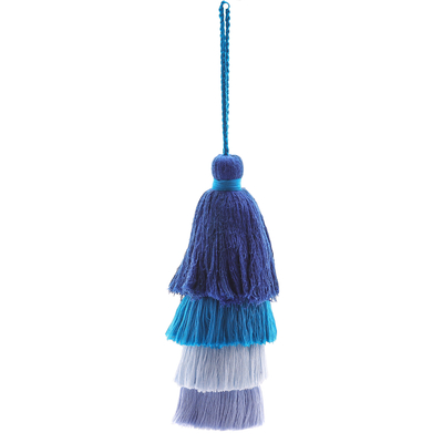 Cotton ornament, 'Happy Aqua Home' - Cotton and Acrylic Aqua Ornament with Raintree Wood Beads