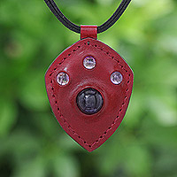 Amethyst pendant necklace, 'Amethyst Glances' - Amethyst Red Leather Pendant Necklace Crafted in Thailand