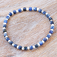 Sodalite and cultured pearl beaded stretch bracelet, 'Pearly Colors of Chiang Mai'