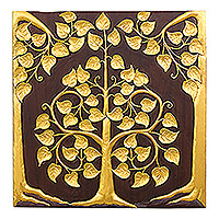 Teak relief panel, 'The Golden Bodhi' - Thai Golden Bodhi Tree Relief Panel