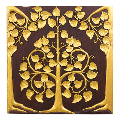 Reliefplatte aus Teakholz - Thailändische goldene Bodhi-Baum-Reliefplatte