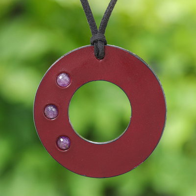 Amethyst pendant necklace, 'Red Lucky Ring' - Thai Amethyst and Red Leather Pendant Necklace