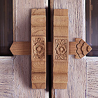 Wood door latch, 'Little Floral Reception' - Floral Teak Wood Door Latch Hand-Carved in Thailand