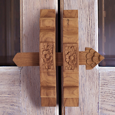 Wood door latch, 'Great Floral Reception' - Teak Wood Floral Door Latch Hand-Carved in Thailand