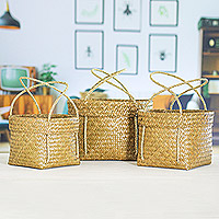 Natural fiber baskets, 'Krajood Charm' (set of 3) - Natural Fiber Baskets Handmade in Thailand (Set of 3)